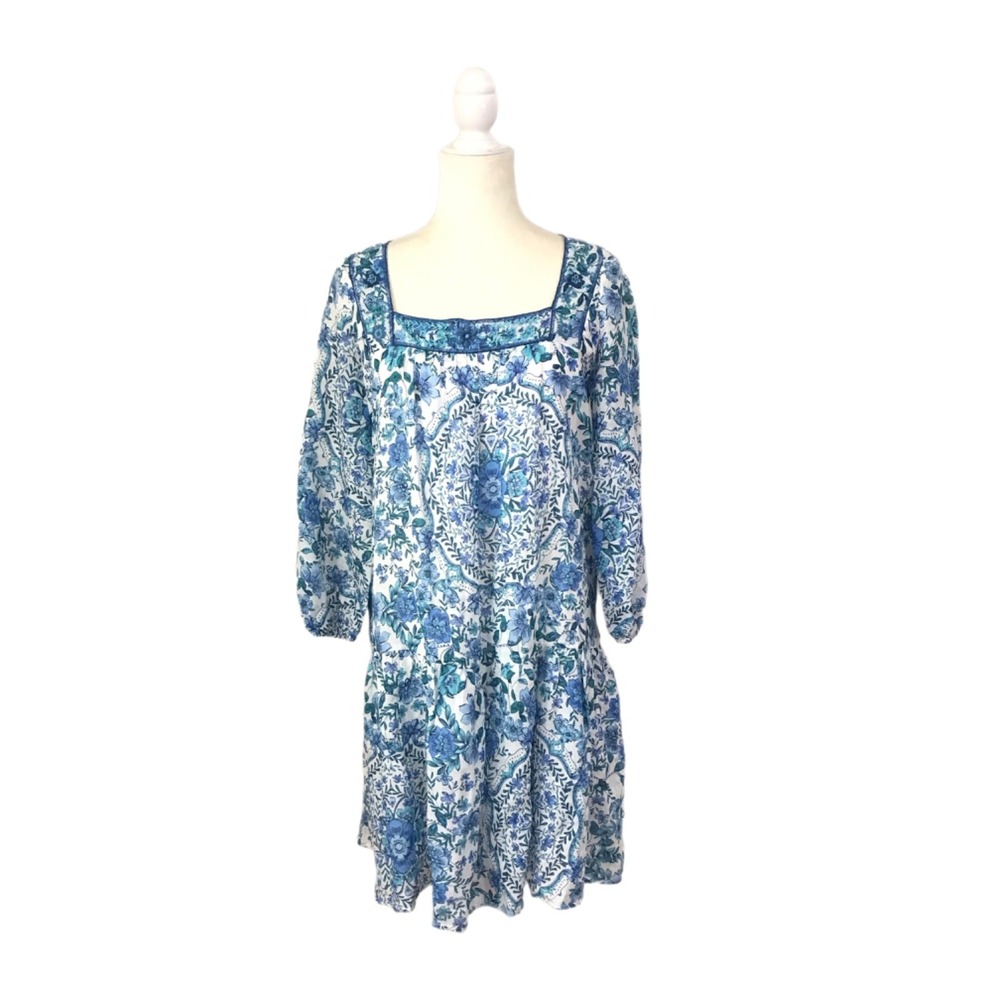 JOHNNY WAS Jade Linen Dress Boho Blue Floral Knee Length Embroidered Size XS